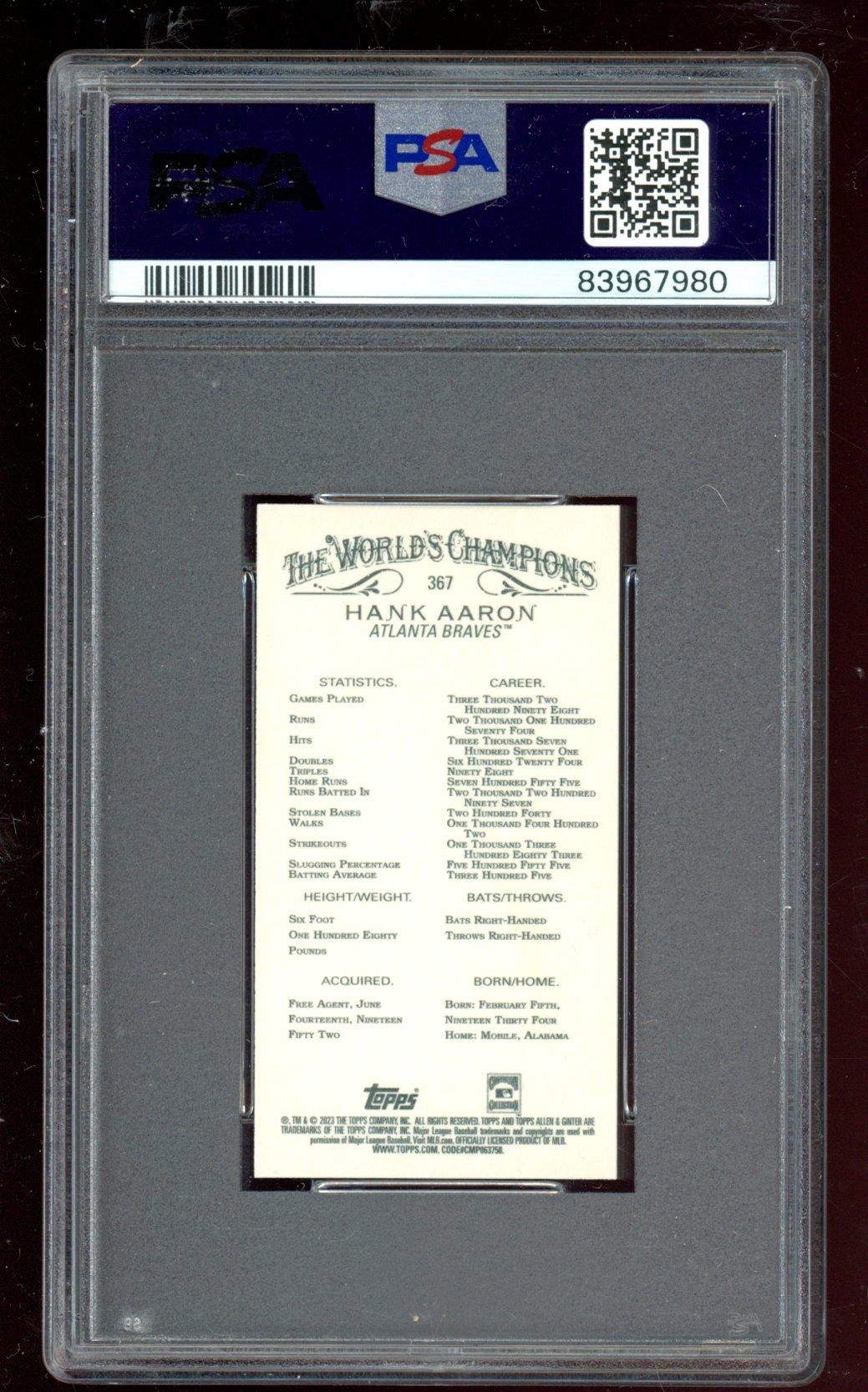 Hank Aaron 2023 Topps Allen and Ginter Mini #367 (PSA 10) at PristineAuction.com Hank Aaron 2023 Topps Allen and Ginter Mini #367 (PSA 10) at PristineAuction.com