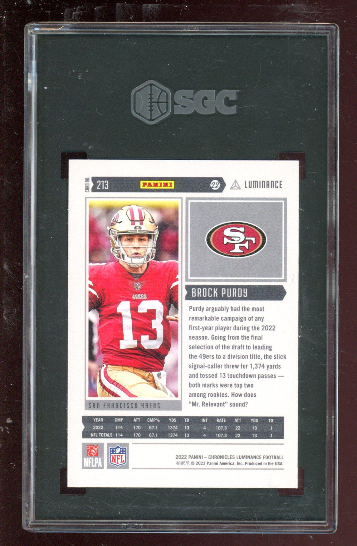 Brock Purdy 2022 Panini Chronicles Luminance Update Vertical Rookies #213 RC (SGC 9.5) at PristineAuction.com Brock Purdy 2022 Panini Chronicles Luminance Update Vertical Rookies #213 RC (SGC 9.5) at PristineAuction.com
