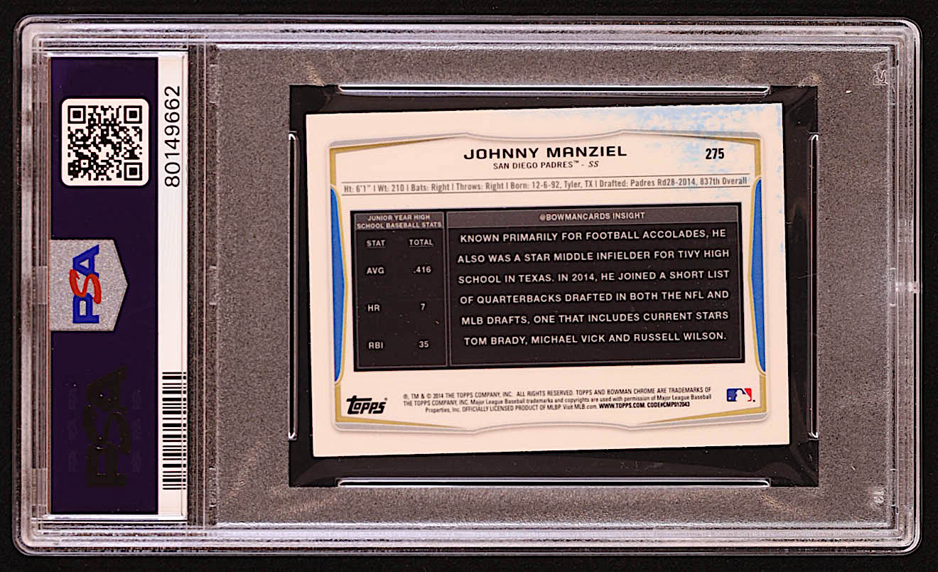 Johnny Manziel Signed 2014 Bowman Chrome Mini Factory Set #275 RC Inscribed "Money Manziel" (PSA | Auto 10) at PristineAuction.com Johnny Manziel Signed 2014 Bowman Chrome Mini Factory Set #275 RC Inscribed "Money Manziel" (PSA | Auto 10) at PristineAuction.com