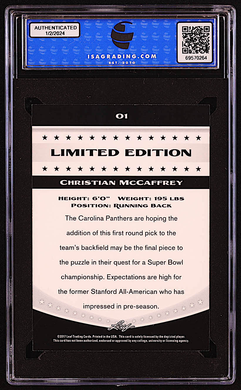 Christian McCaffrey 2017 Leaf Special Release Limited Edition #01 RC (ISA 10) at PristineAuction.com Christian McCaffrey 2017 Leaf Special Release Limited Edition #01 RC (ISA 10) at PristineAuction.com