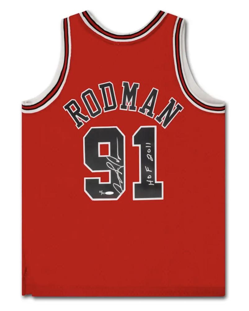 Dennis Rodman Signed LE Bulls Mitchell & Ness Jersey Inscribed "HOF 2011 (UDA) at PristineAuction.com Dennis Rodman Signed LE Bulls Mitchell & Ness Jersey Inscribed "HOF 2011 (UDA) at PristineAuction.com