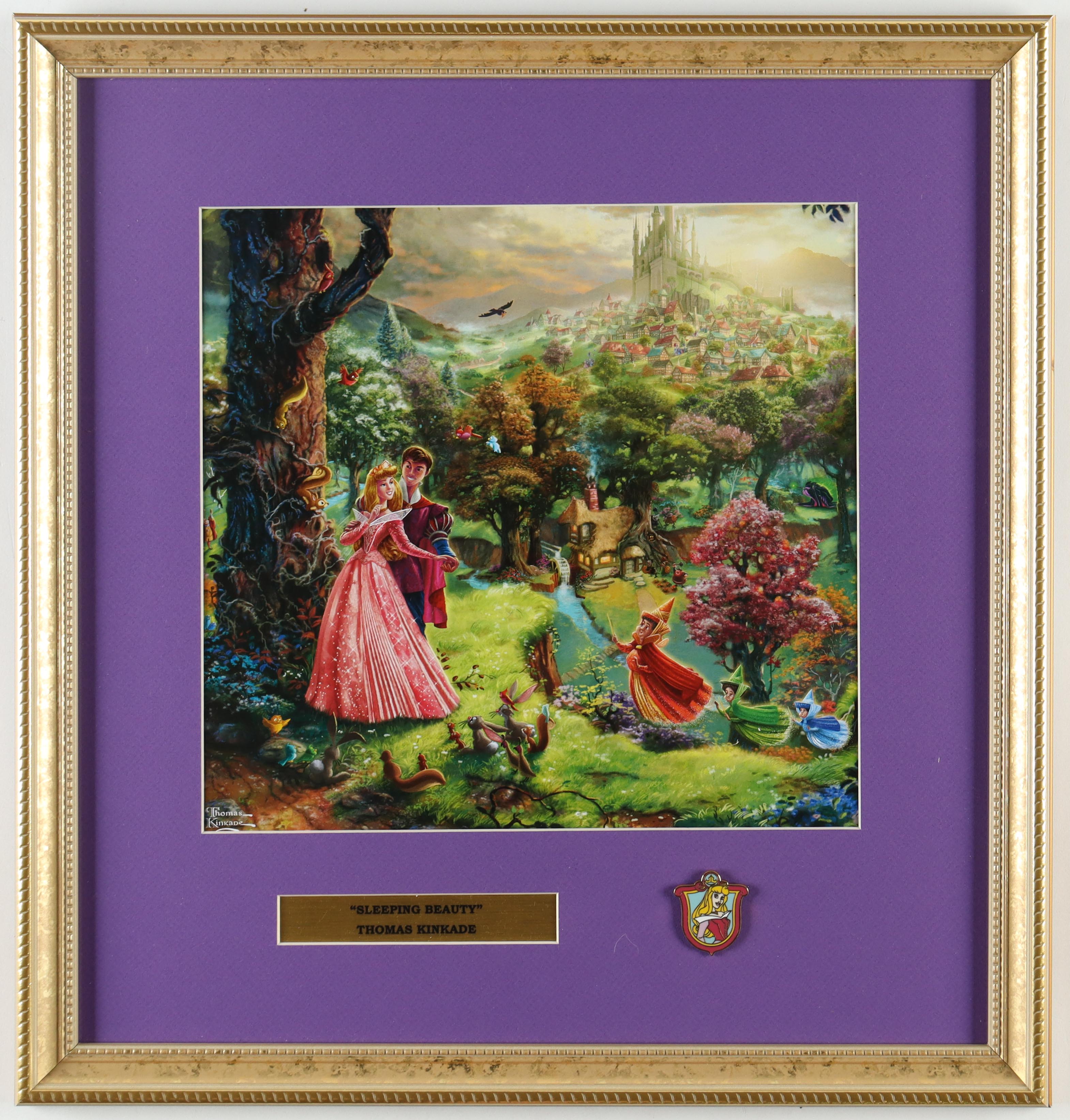 Thomas Kinkade Walt Disney's "Sleeping Beauty" Custom Framed Print Display with Princess Aurora Pin at PristineAuction.com Thomas Kinkade Walt Disney's "Sleeping Beauty" Custom Framed Print Display with Princess Aurora Pin at PristineAuction.com