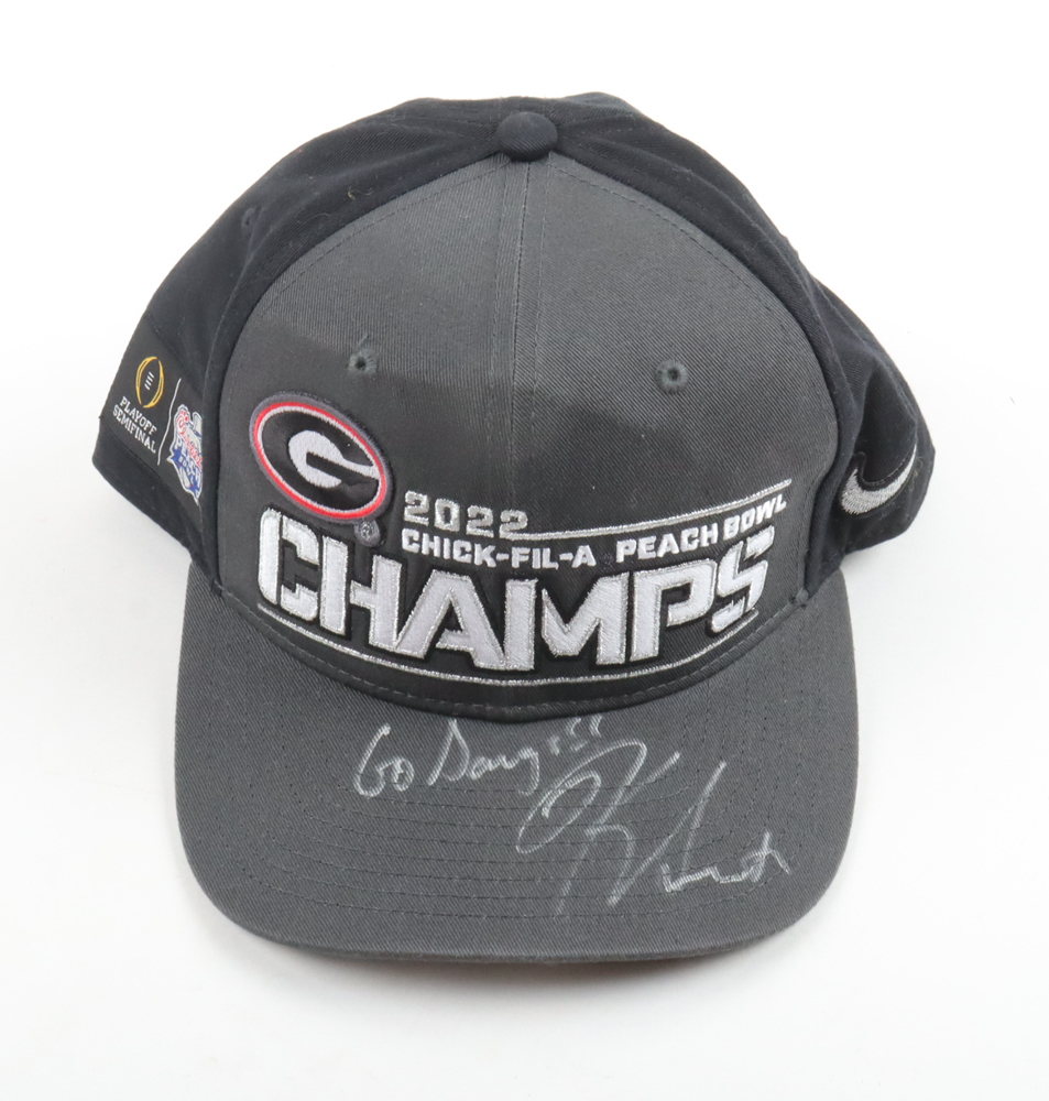 Kirby Smart Signed Georgia Bulldogs 2022 Peach Bowl Champions Logo Snap-Back Hat Inscribed "Go Dawgs" (Beckett) at PristineAuction.com Kirby Smart Signed Georgia Bulldogs 2022 Peach Bowl Champions Logo Snap-Back Hat Inscribed "Go Dawgs" (Beckett) at PristineAuction.com