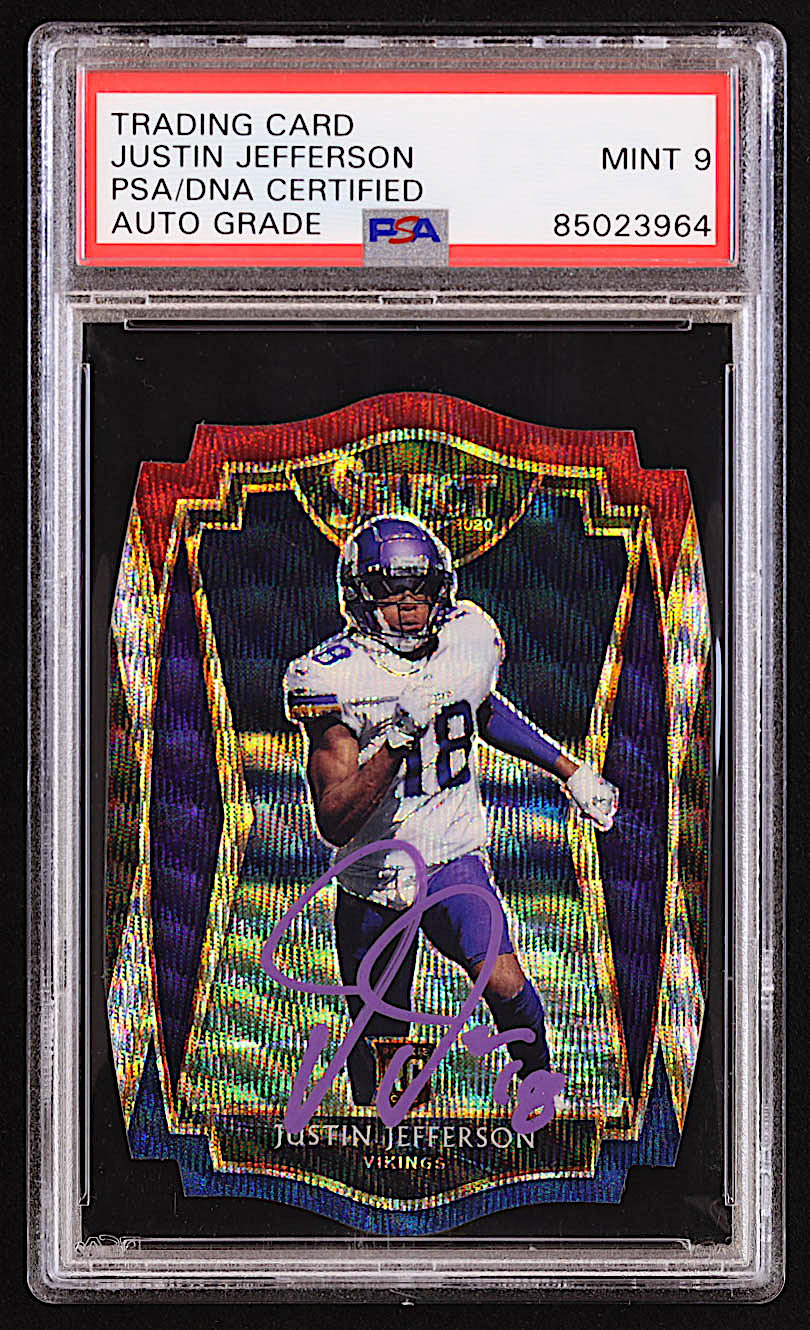 Justin Jefferson Signed 2020 Select Prizm Tri Color Die Cut #161 RC (PSA & Beckett | Auto 9) at PristineAuction.com Justin Jefferson Signed 2020 Select Prizm Tri Color Die Cut #161 RC (PSA & Beckett | Auto 9) at PristineAuction.com