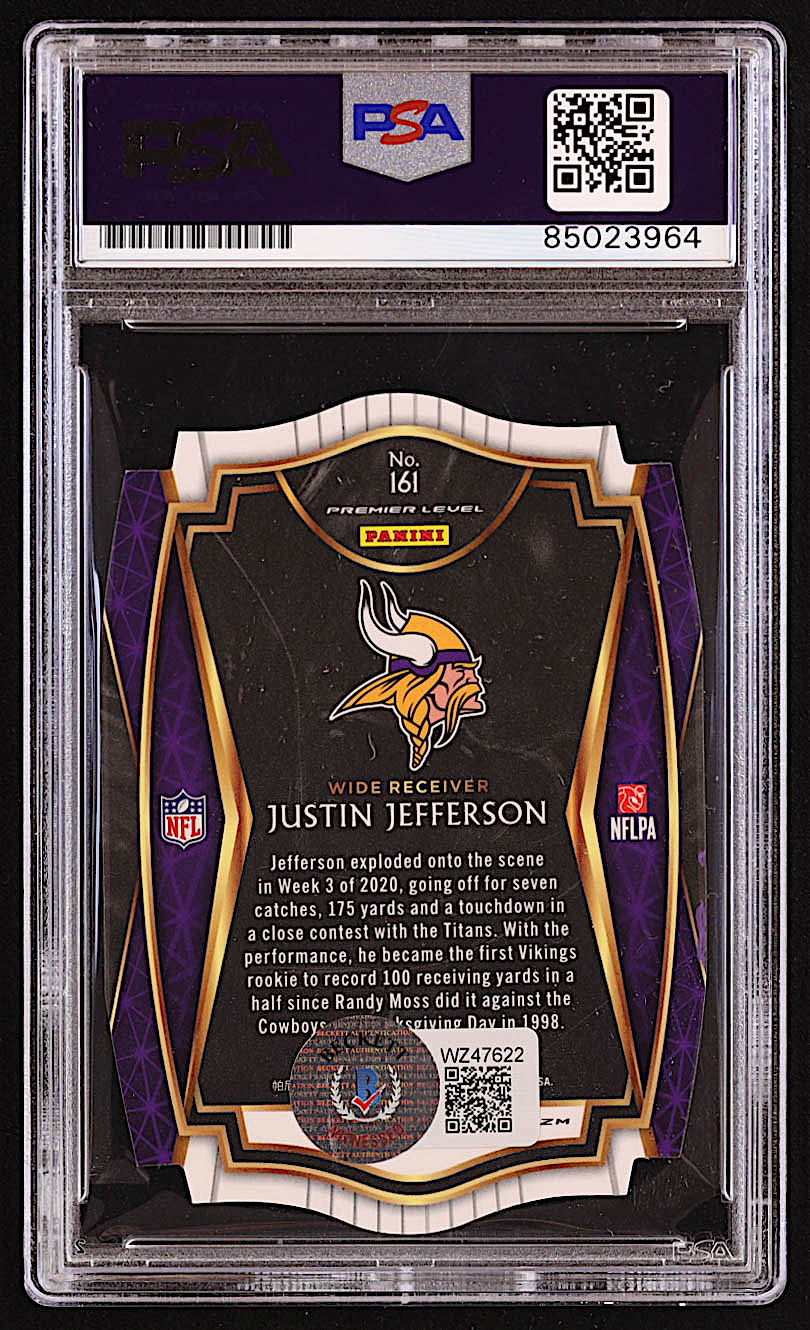 Justin Jefferson Signed 2020 Select Prizm Tri Color Die Cut #161 RC (PSA & Beckett | Auto 9) at PristineAuction.com Justin Jefferson Signed 2020 Select Prizm Tri Color Die Cut #161 RC (PSA & Beckett | Auto 9) at PristineAuction.com