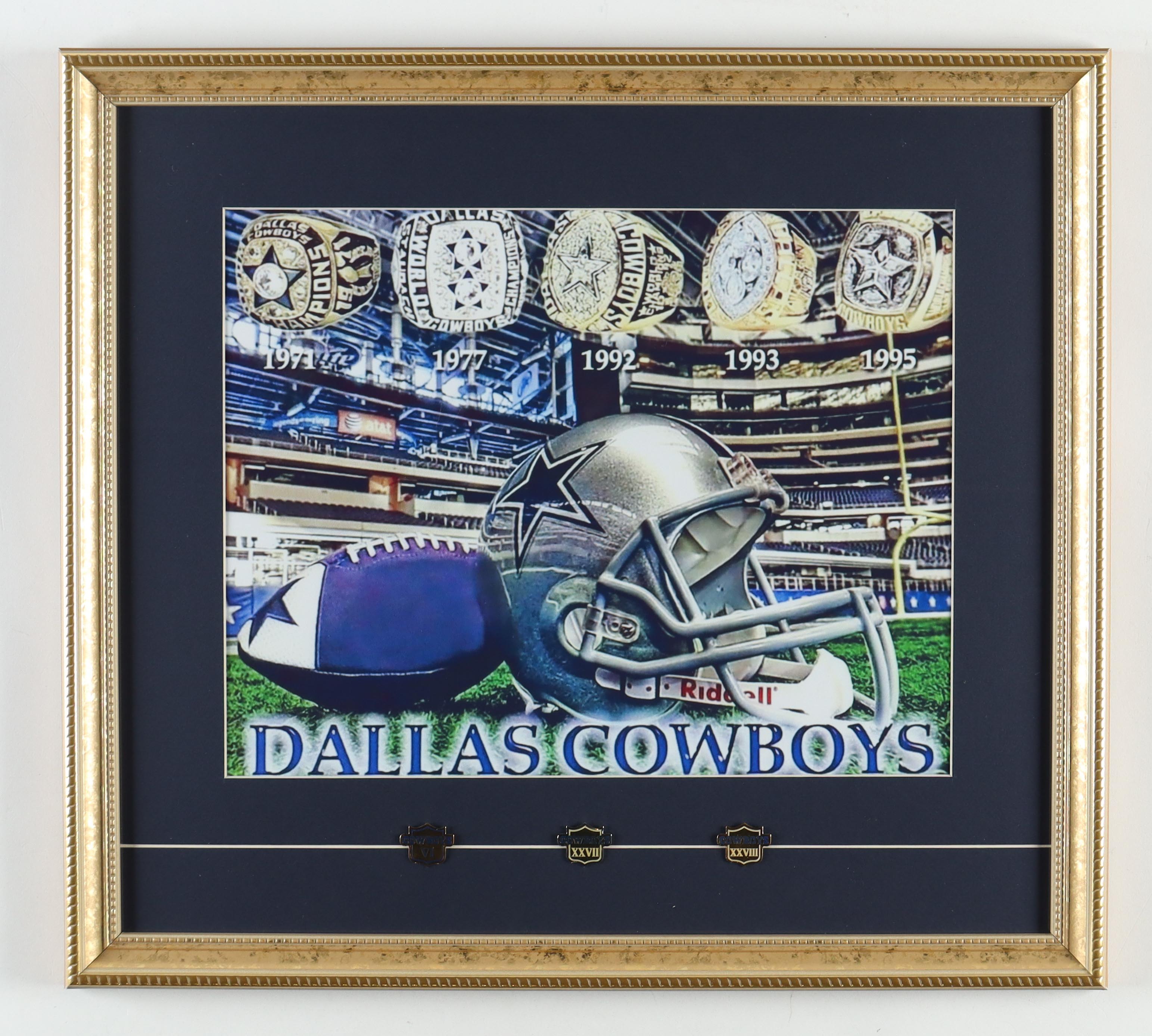 Cowboys "5x Super Bowl Champions" Custom Framed Photo Display With Official Super Bowl VI, XXVII & XXVIII Pins at PristineAuction.com Cowboys "5x Super Bowl Champions" Custom Framed Photo Display With Official Super Bowl VI, XXVII & XXVIII Pins at PristineAuction.com