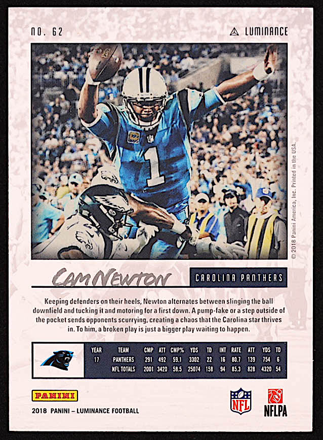 Cam Newton 2018 Panini Luminance Platinum Blue #62 #01/25 at PristineAuction.com Cam Newton 2018 Panini Luminance Platinum Blue #62 #01/25 at PristineAuction.com