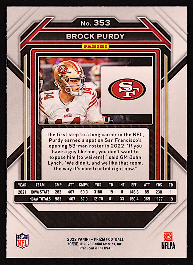 Brock Purdy 2022 Panini Prizm #353 RC at PristineAuction.com Brock Purdy 2022 Panini Prizm #353 RC at PristineAuction.com