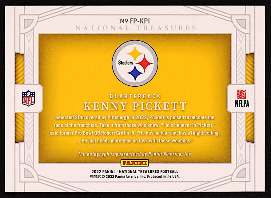 Kenny Pickett 2022 Panini National Treasures Rookie Signatures Field Pass #1 RC #14/49 at PristineAuction.com Kenny Pickett 2022 Panini National Treasures Rookie Signatures Field Pass #1 RC #14/49 at PristineAuction.com