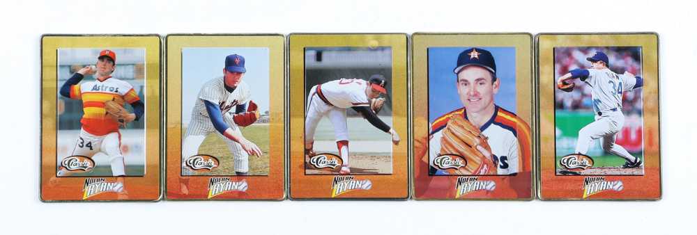 1995 Classic Nolan Ryan Embossed Collector Card Set In Tin With (5) Cards at PristineAuction.com 1995 Classic Nolan Ryan Embossed Collector Card Set In Tin With (5) Cards at PristineAuction.com