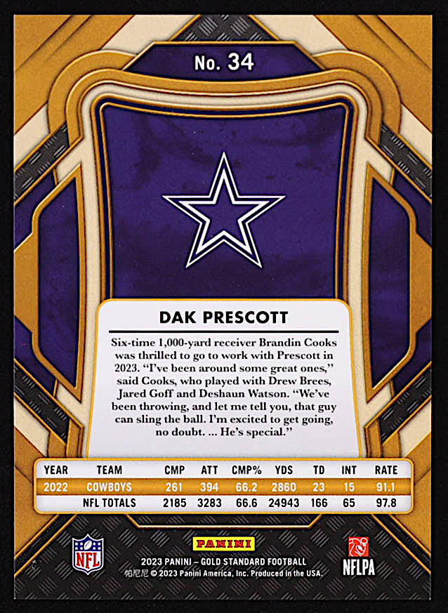 Dak Prescott 2023 Panini Gold Standard Platinum #34 #18/75 at PristineAuction.com Dak Prescott 2023 Panini Gold Standard Platinum #34 #18/75 at PristineAuction.com