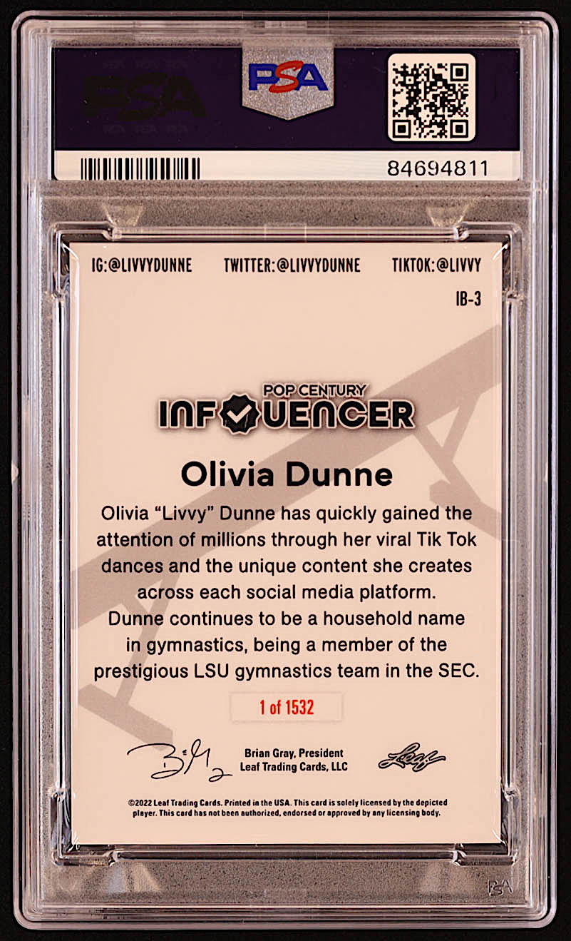 Olivia Dunne 2022-23 Leaf Pop Century Influencers #IB3 (PSA 9) at PristineAuction.com Olivia Dunne 2022-23 Leaf Pop Century Influencers #IB3 (PSA 9) at PristineAuction.com