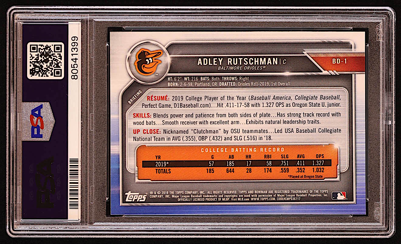 Adley Rutschman 2019 Bowman Draft #BD1 RC (PSA 10) at PristineAuction.com Adley Rutschman 2019 Bowman Draft #BD1 RC (PSA 10) at PristineAuction.com