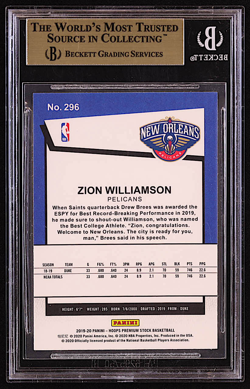 Zion Williamson 2019-20 Hoops Premium Stock #296 RC (BGS 9.5) at PristineAuction.com Zion Williamson 2019-20 Hoops Premium Stock #296 RC (BGS 9.5) at PristineAuction.com