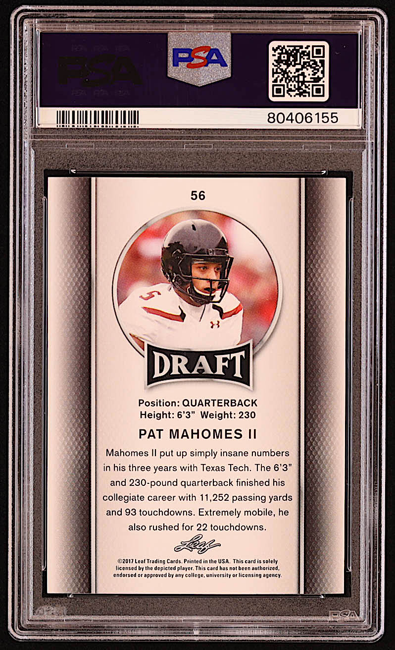 Pat Mahomes II 2017 Leaf Draft #56 RC (PSA 10) at PristineAuction.com Pat Mahomes II 2017 Leaf Draft #56 RC (PSA 10) at PristineAuction.com