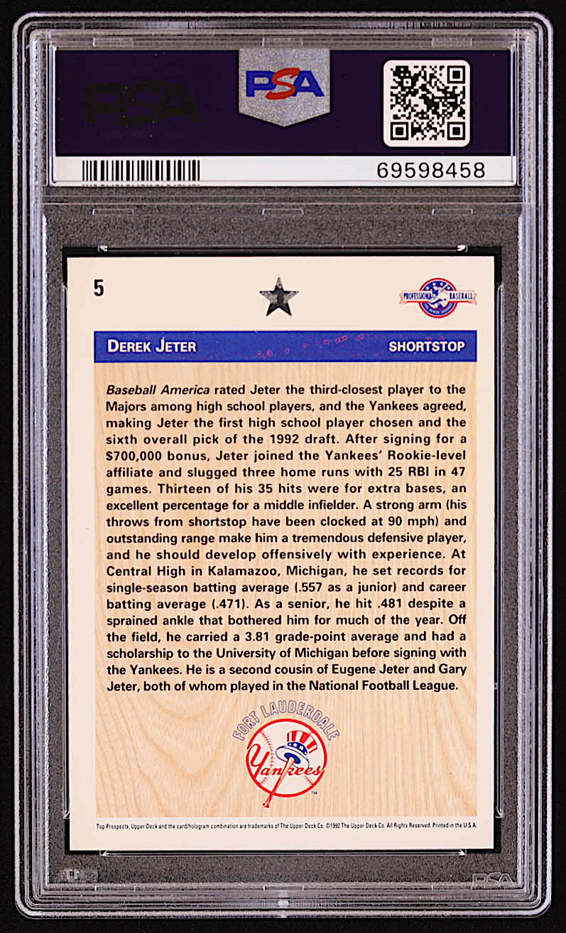Derek Jeter 1992 Upper Deck Minors #5 FDP RC (PSA 8) at PristineAuction.com Derek Jeter 1992 Upper Deck Minors #5 FDP RC (PSA 8) at PristineAuction.com