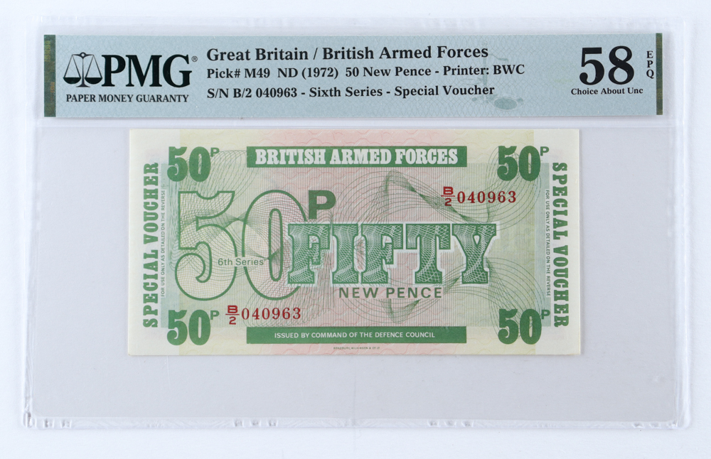 ND(1962) Great Britain / British Armed Forces 50 New Pence- 6th Series (PMG Choice AU58 EPQ) at PristineAuction.com ND(1962) Great Britain / British Armed Forces 50 New Pence- 6th Series (PMG Choice AU58 EPQ) at PristineAuction.com