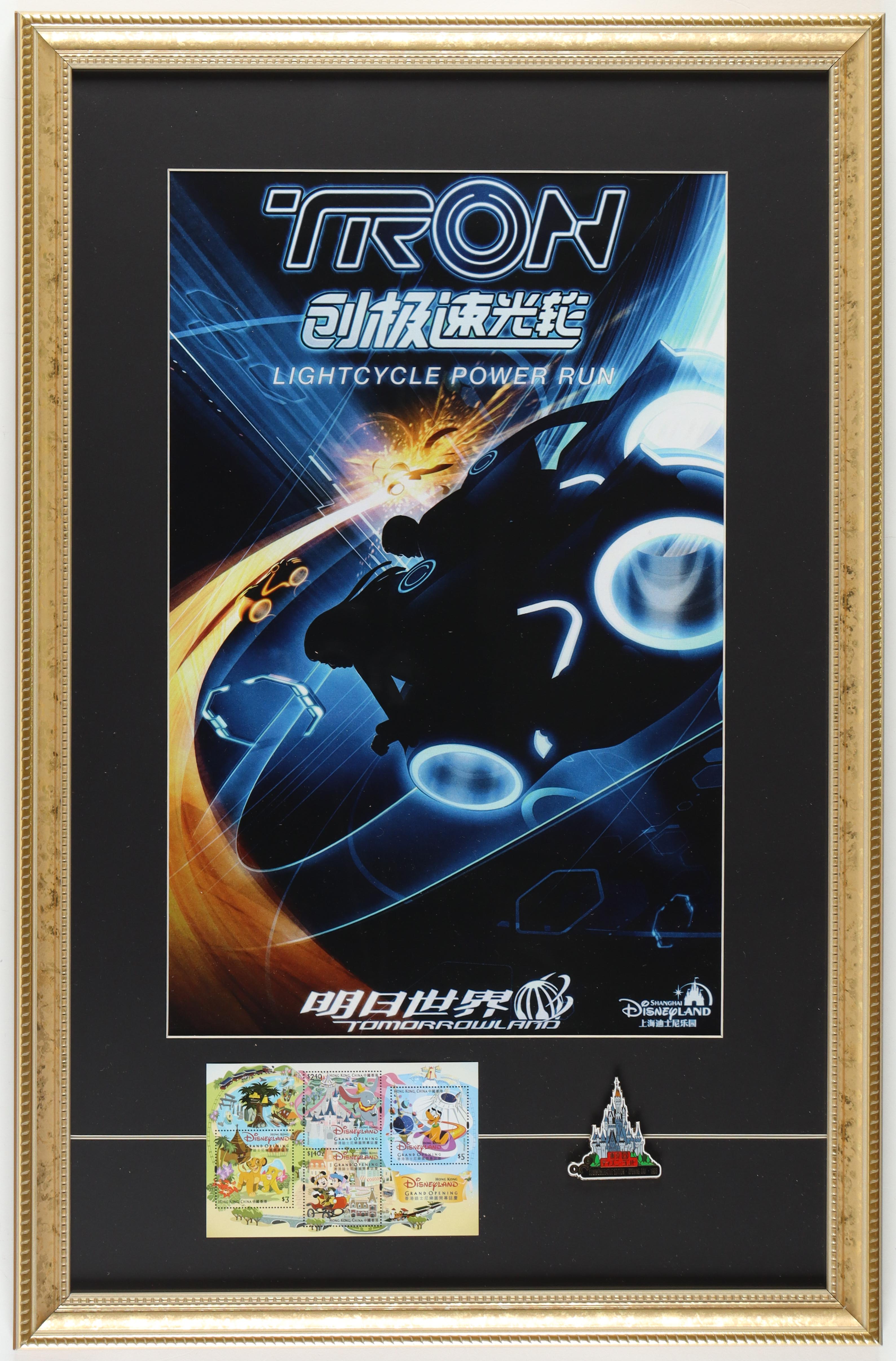 Disneyland Shanghai "Tron Lightcycle Power Run" Custom Framed Poster Print with Disneyland Hong Kong Grand Opening Stamps & Pin at PristineAuction.com Disneyland Shanghai "Tron Lightcycle Power Run" Custom Framed Poster Print with Disneyland Hong Kong Grand Opening Stamps & Pin at PristineAuction.com