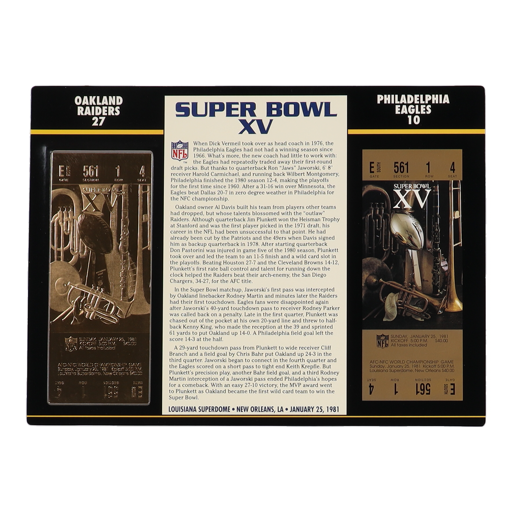1981 Commemorative Super Bowl XV Card with Commemorative 22 Karat Gold Ticket: Oakland Raiders Super Bowl Champions at PristineAuction.com 1981 Commemorative Super Bowl XV Card with Commemorative 22 Karat Gold Ticket: Oakland Raiders Super Bowl Champions at PristineAuction.com