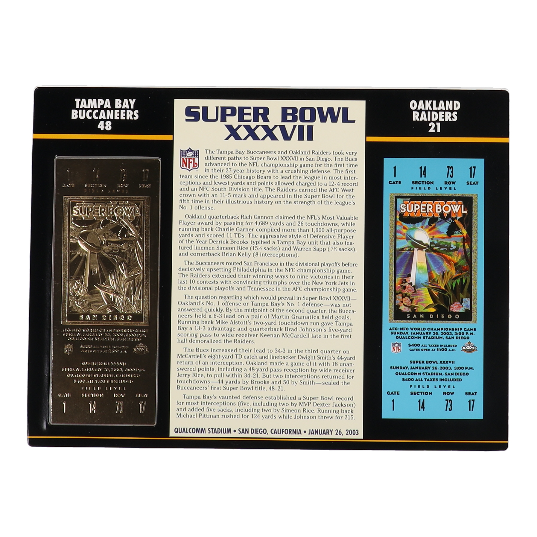 2003 Commemorative Super Bowl XXXVII Card with Commemorative 22 Karat Gold Ticket: Tampa Bay Buccaneers Super Bowl Champions at PristineAuction.com 2003 Commemorative Super Bowl XXXVII Card with Commemorative 22 Karat Gold Ticket: Tampa Bay Buccaneers Super Bowl Champions at PristineAuction.com