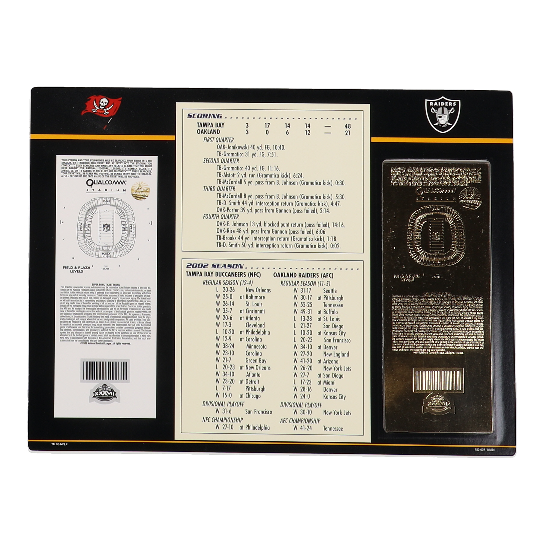 2003 Commemorative Super Bowl XXXVII Card with Commemorative 22 Karat Gold Ticket: Tampa Bay Buccaneers Super Bowl Champions at PristineAuction.com 2003 Commemorative Super Bowl XXXVII Card with Commemorative 22 Karat Gold Ticket: Tampa Bay Buccaneers Super Bowl Champions at PristineAuction.com