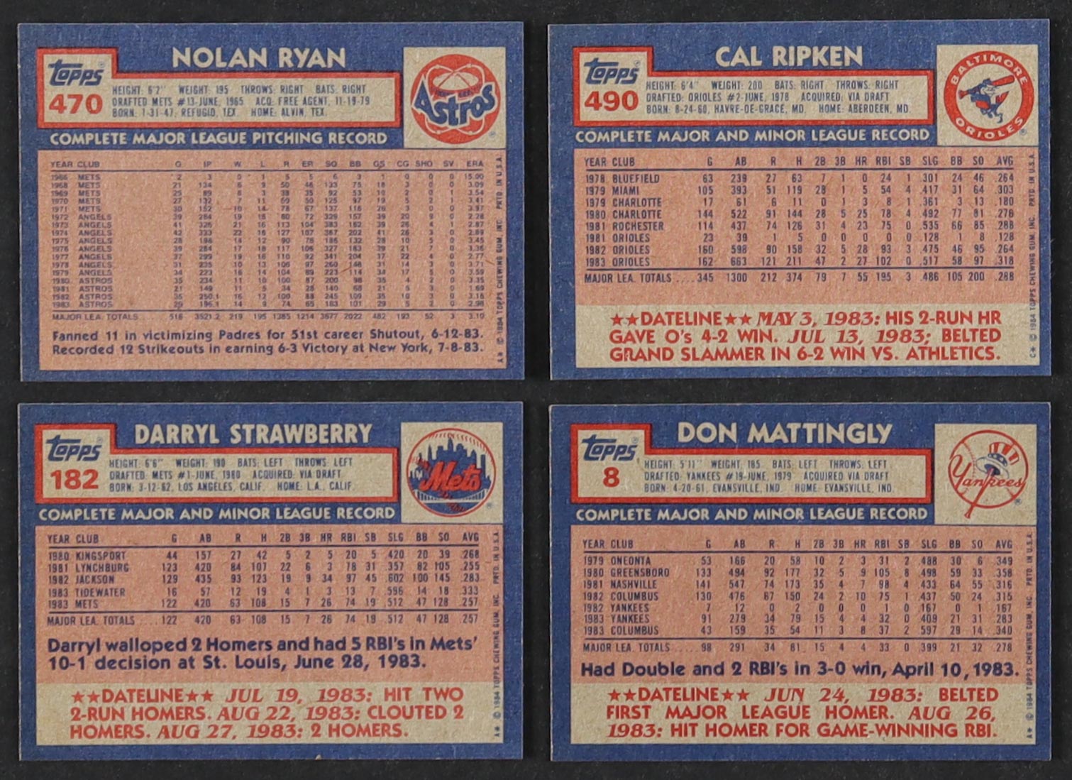 1984 Topps Baseball Factory Set of (792) Cards with Don Mattingly #8 RC, Cal Ripken Jr. #490, Darryl Strawberry #182 RC, Nolan Ryan #470 at PristineAuction.com 1984 Topps Baseball Factory Set of (792) Cards with Don Mattingly #8 RC, Cal Ripken Jr. #490, Darryl Strawberry #182 RC, Nolan Ryan #470 at PristineAuction.com