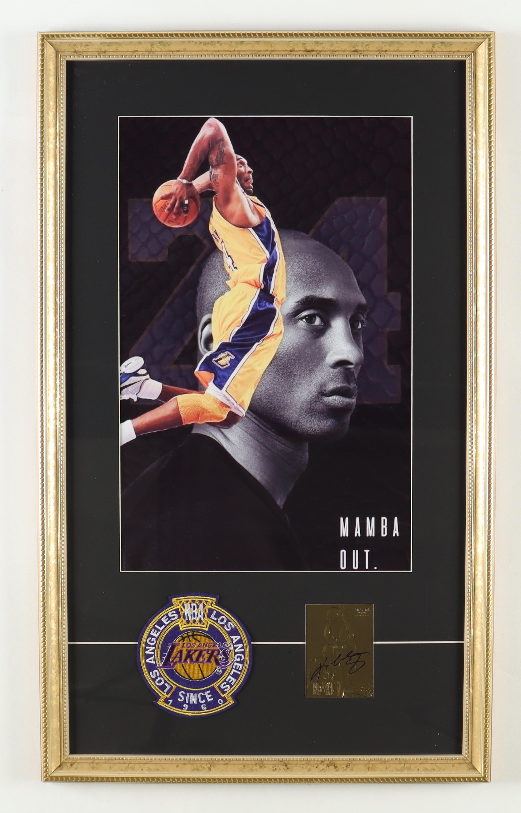 Kobe Bryant Lakers Custom Framed Photo Display With Fleer 23KT Gold Rookie Trading Card & Cloth Team Logo Patch at PristineAuction.com Kobe Bryant Lakers Custom Framed Photo Display With Fleer 23KT Gold Rookie Trading Card & Cloth Team Logo Patch at PristineAuction.com