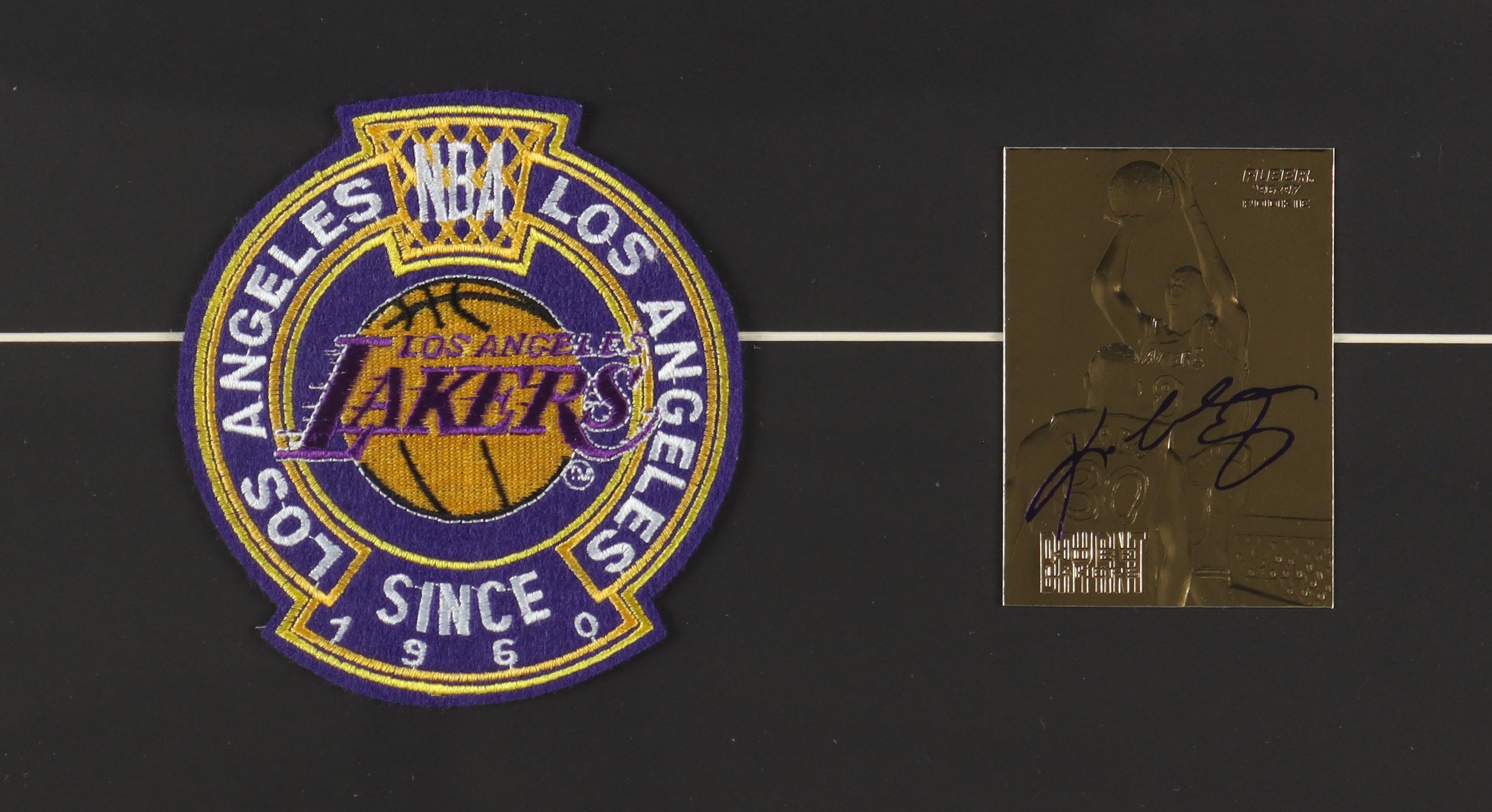 Kobe Bryant Lakers Custom Framed Photo Display With Fleer 23KT Gold Rookie Trading Card & Cloth Team Logo Patch at PristineAuction.com Kobe Bryant Lakers Custom Framed Photo Display With Fleer 23KT Gold Rookie Trading Card & Cloth Team Logo Patch at PristineAuction.com