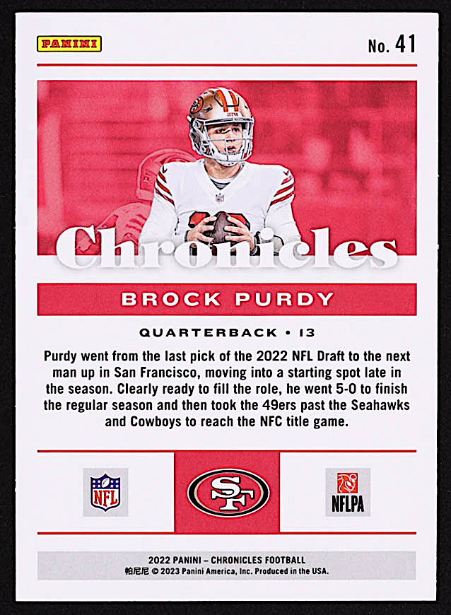 Brock Purdy 2022 Panini Chronicles #41 RC at PristineAuction.com Brock Purdy 2022 Panini Chronicles #41 RC at PristineAuction.com