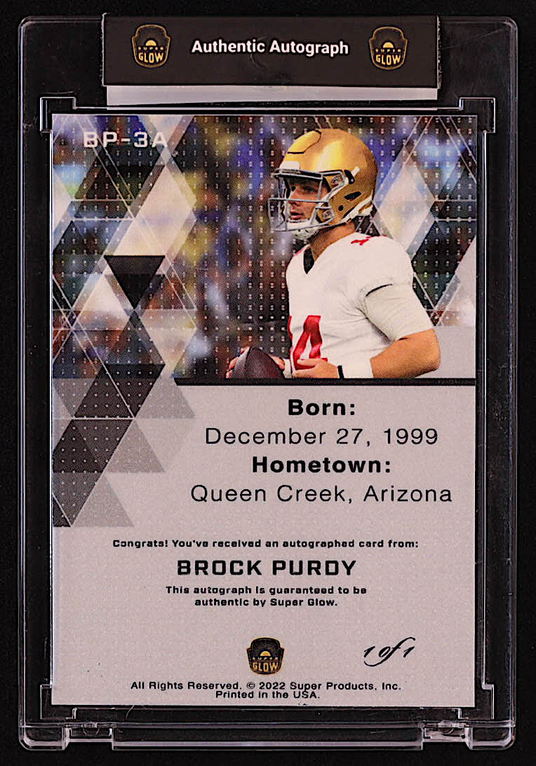 Brock Purdy 2022 Super Glow 1st Ever Autographs Orange #BP3A RC #1/1 at PristineAuction.com Brock Purdy 2022 Super Glow 1st Ever Autographs Orange #BP3A RC #1/1 at PristineAuction.com