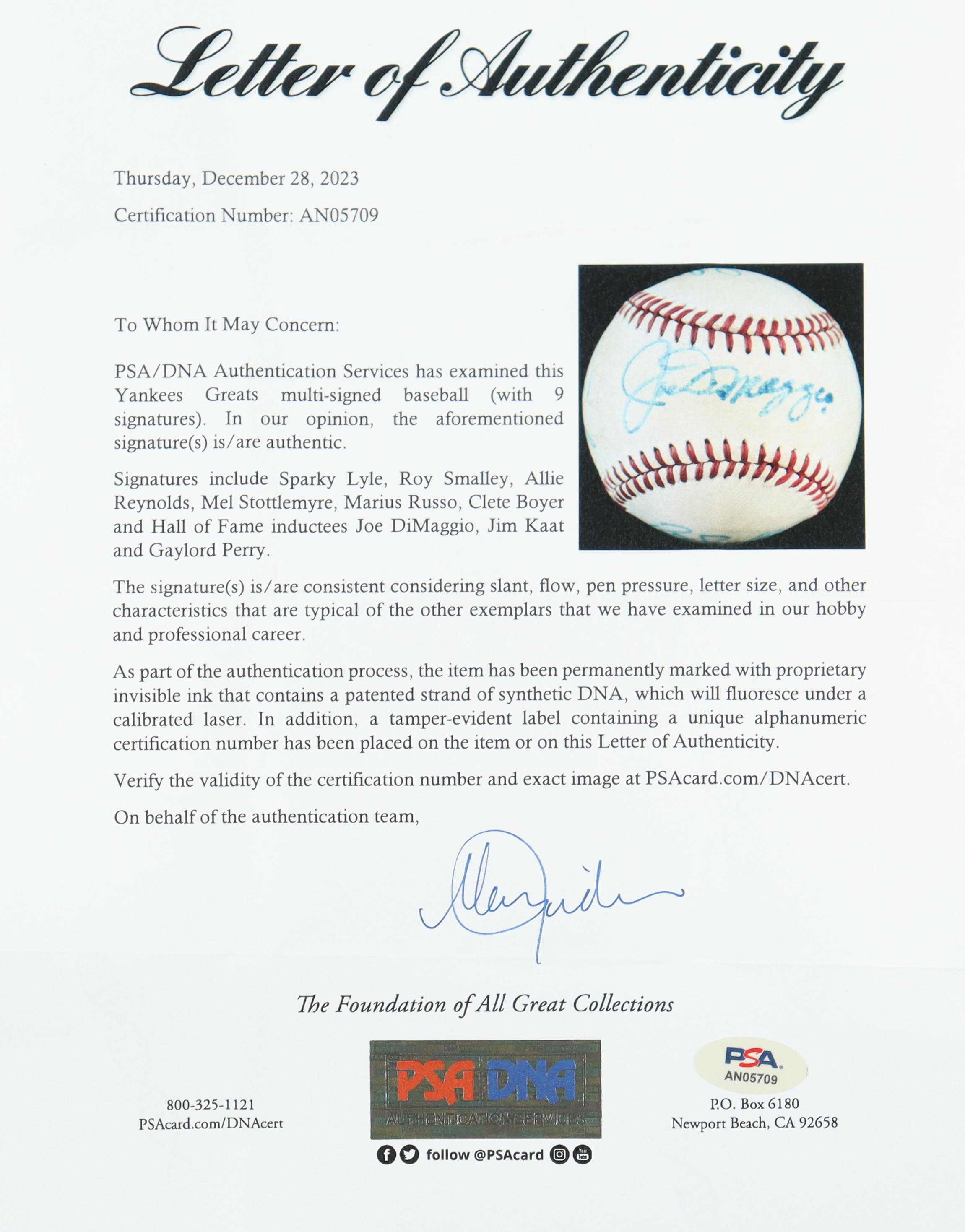 Yankees Greats OAL Baseball With Wood Display Case Signed By (9) With Joe Dimaggio, Jim Kaat and Gaylord Perry, Mel Stottlemyre (PSA) at PristineAuction.com Yankees Greats OAL Baseball With Wood Display Case Signed By (9) With Joe Dimaggio, Jim Kaat and Gaylord Perry, Mel Stottlemyre (PSA) at PristineAuction.com