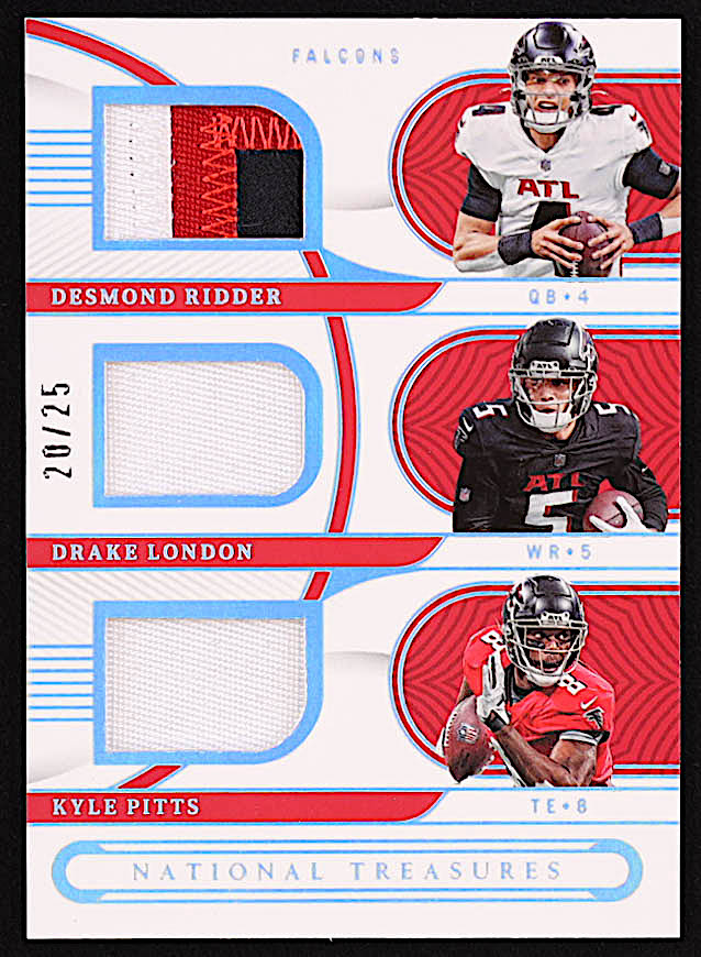 Desmond Ridder / Drake London / Kyle Pitts 2022 Panini National Treasures NFL Gear Trio Materials Holo Silver #7 #20/25 at PristineAuction.com Desmond Ridder / Drake London / Kyle Pitts 2022 Panini National Treasures NFL Gear Trio Materials Holo Silver #7 #20/25 at PristineAuction.com