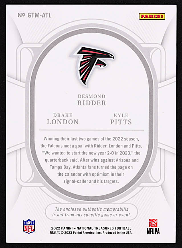 Desmond Ridder / Drake London / Kyle Pitts 2022 Panini National Treasures NFL Gear Trio Materials Holo Silver #7 #20/25 at PristineAuction.com Desmond Ridder / Drake London / Kyle Pitts 2022 Panini National Treasures NFL Gear Trio Materials Holo Silver #7 #20/25 at PristineAuction.com