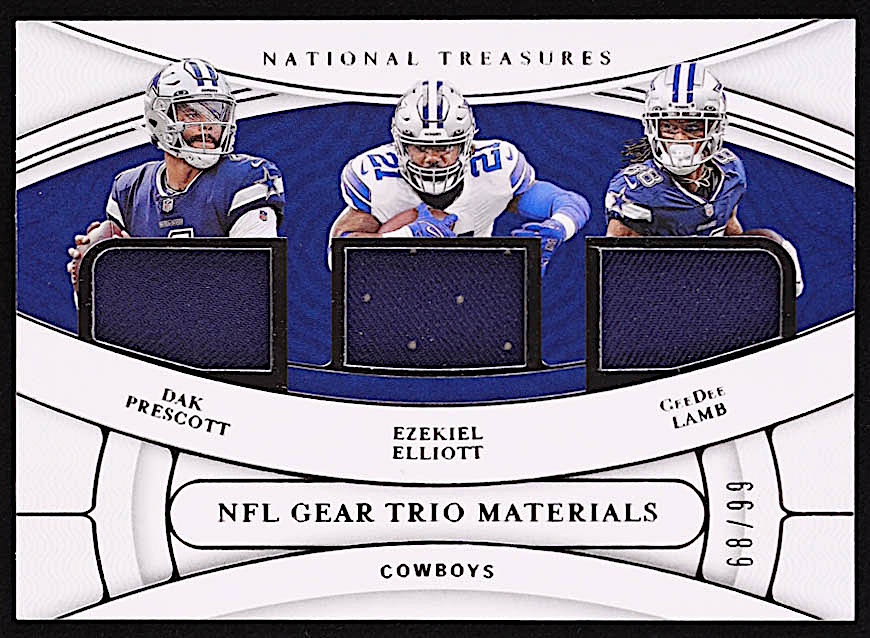 CeeDee Lamb / Dak Prescott / Ezekiel Elliott 2021 Panini National Treasures NFL Gear Trio Materials #1 #68/99 at PristineAuction.com CeeDee Lamb / Dak Prescott / Ezekiel Elliott 2021 Panini National Treasures NFL Gear Trio Materials #1 #68/99 at PristineAuction.com