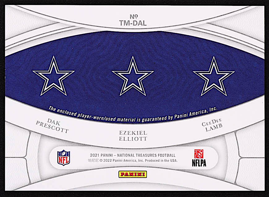 CeeDee Lamb / Dak Prescott / Ezekiel Elliott 2021 Panini National Treasures NFL Gear Trio Materials #1 #68/99 at PristineAuction.com CeeDee Lamb / Dak Prescott / Ezekiel Elliott 2021 Panini National Treasures NFL Gear Trio Materials #1 #68/99 at PristineAuction.com