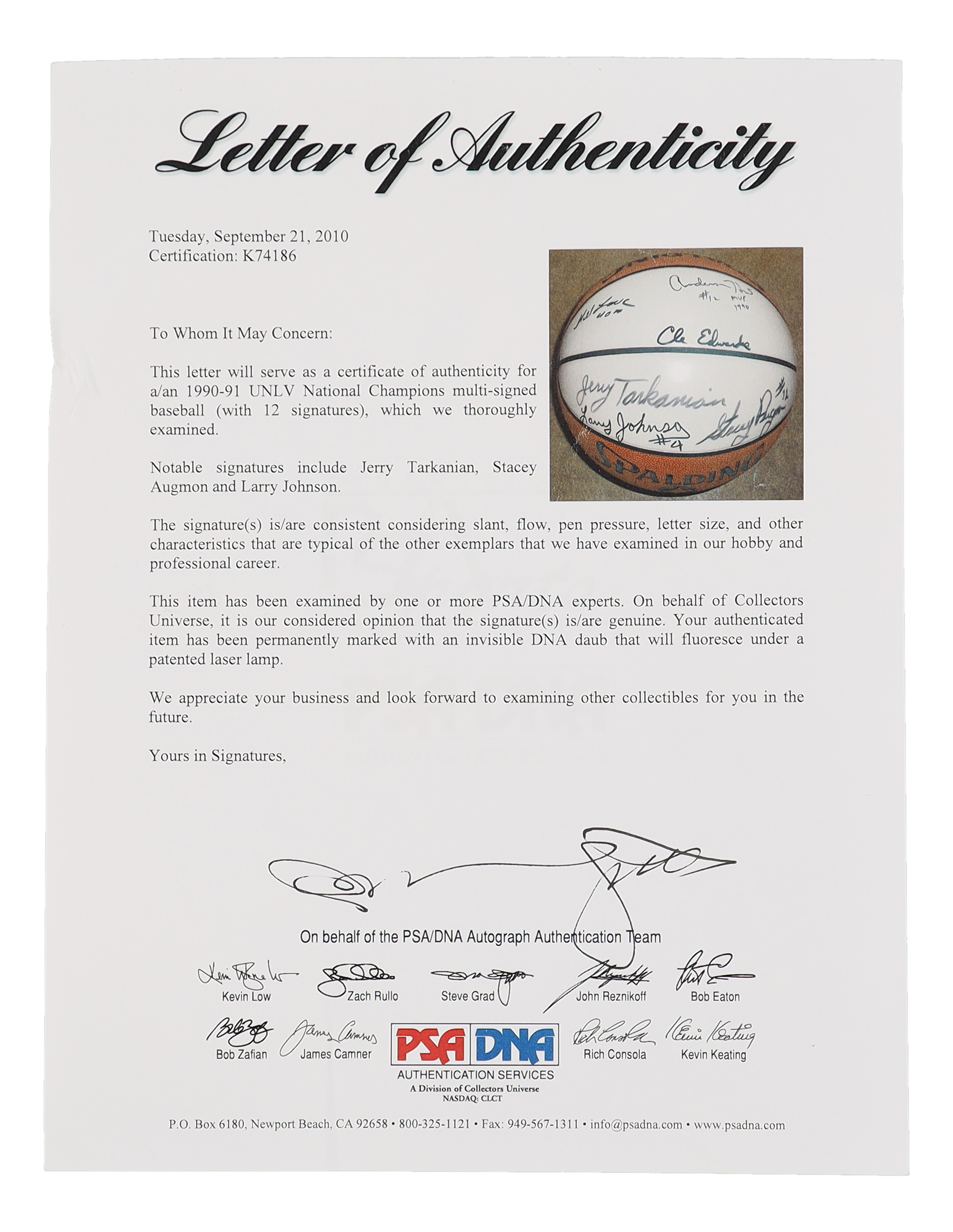 1990-91 UNLV National Champions NBA Basketball Signed By (12) with Jerry Tarkanian, Stacey Augmon & Larry Johnson With Display Stand (PSA) at PristineAuction.com 1990-91 UNLV National Champions NBA Basketball Signed By (12) with Jerry Tarkanian, Stacey Augmon & Larry Johnson With Display Stand (PSA) at PristineAuction.com