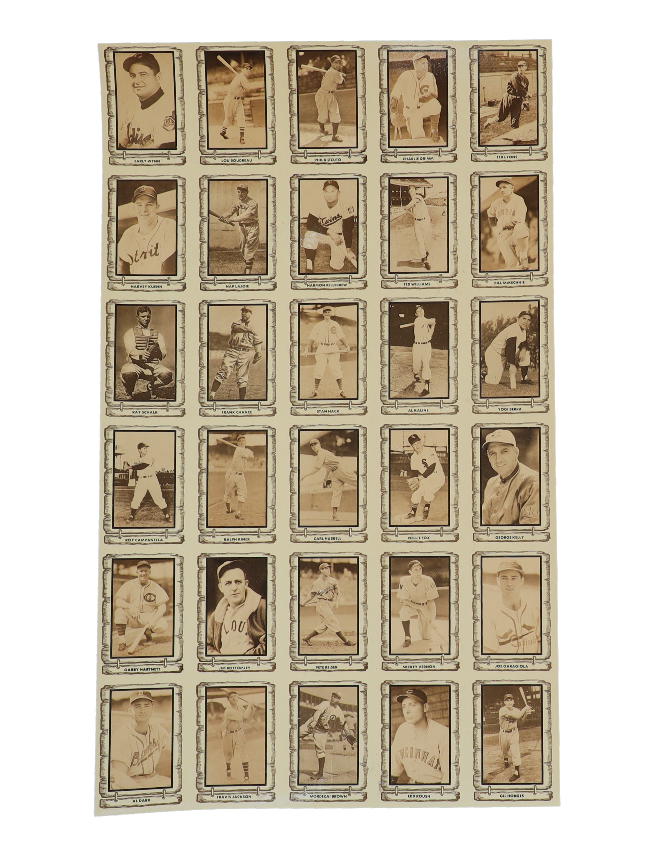 1981 Cramer All Time Great Hall of Famers Uncut Sheet of (30) Cards with Ted Williams, Yogi Berra, Roy Campanella & Al Kaline at PristineAuction.com 1981 Cramer All Time Great Hall of Famers Uncut Sheet of (30) Cards with Ted Williams, Yogi Berra, Roy Campanella & Al Kaline at PristineAuction.com