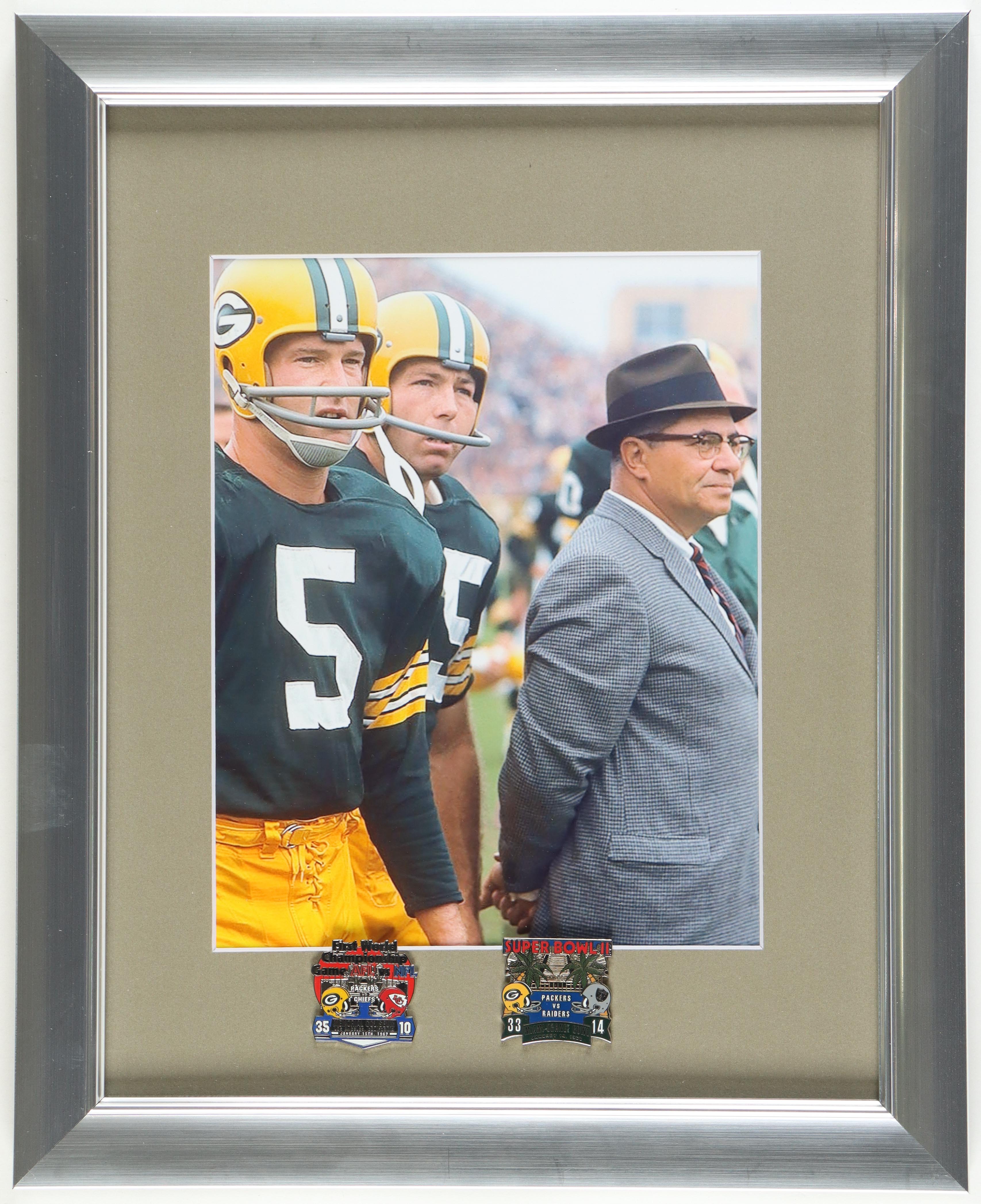 Vince Lombardi, Paul Hornung & Bart Starr 13x16 Custom Framed Photo Display with Official Super Bowl I & II Pin at PristineAuction.com Vince Lombardi, Paul Hornung & Bart Starr 13x16 Custom Framed Photo Display with Official Super Bowl I & II Pin at PristineAuction.com