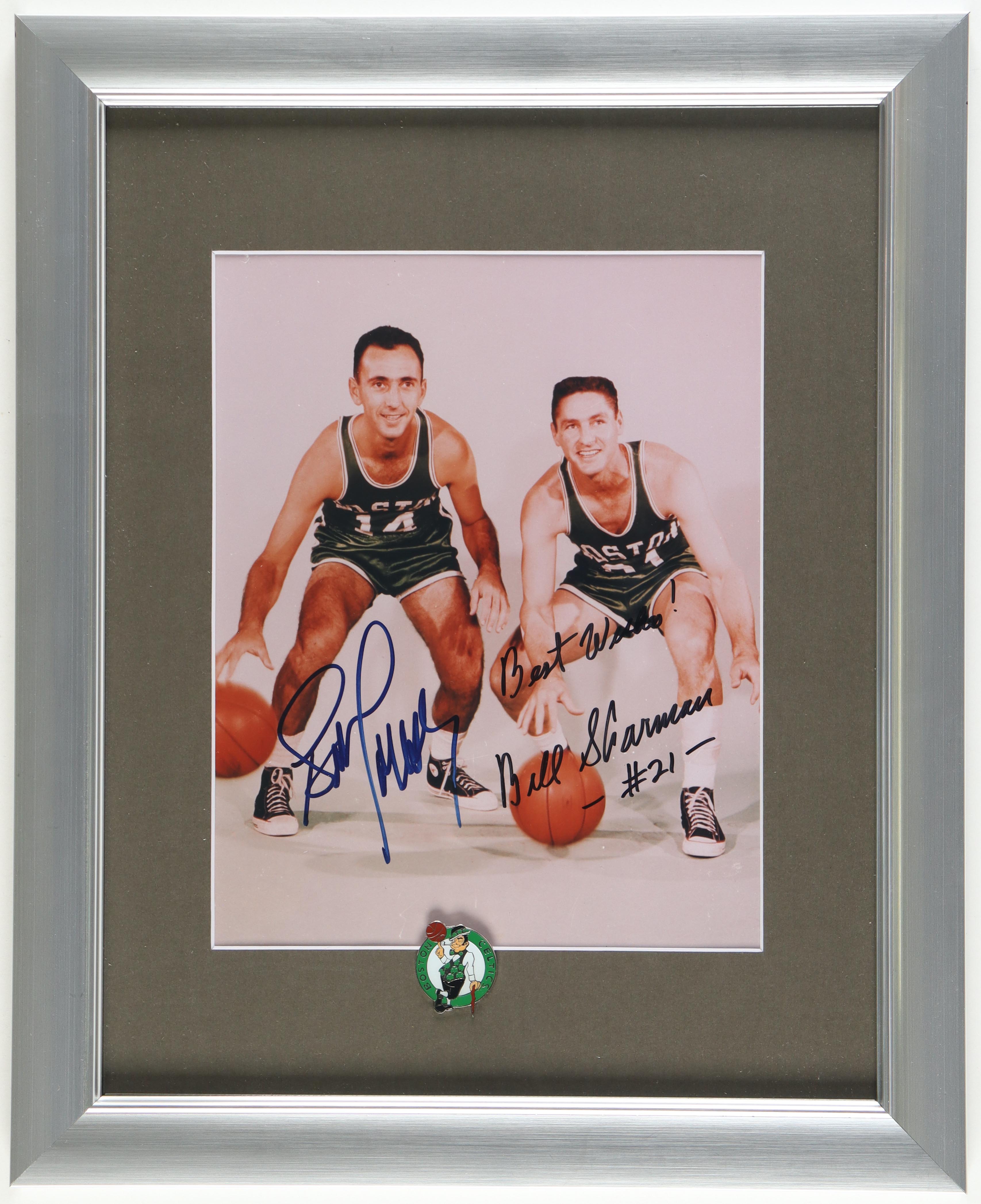Bob Cousy & Bill Sharman Signed Celtics Photo Display Inscribed "Best Wishes" With Vintage Celtics Logo Pin (JSA) at PristineAuction.com Bob Cousy & Bill Sharman Signed Celtics Photo Display Inscribed "Best Wishes" With Vintage Celtics Logo Pin (JSA) at PristineAuction.com