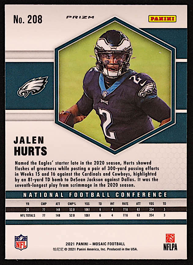 Jalen Hurts 2021 Panini Mosaic Mosaic Green #208 NFC at PristineAuction.com Jalen Hurts 2021 Panini Mosaic Mosaic Green #208 NFC at PristineAuction.com