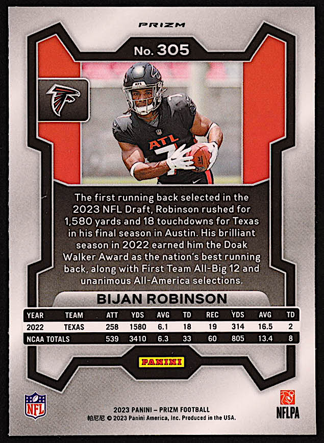 Bijan Robinson 2023 Panini Prizm Prizms Green #305 RC at PristineAuction.com Bijan Robinson 2023 Panini Prizm Prizms Green #305 RC at PristineAuction.com
