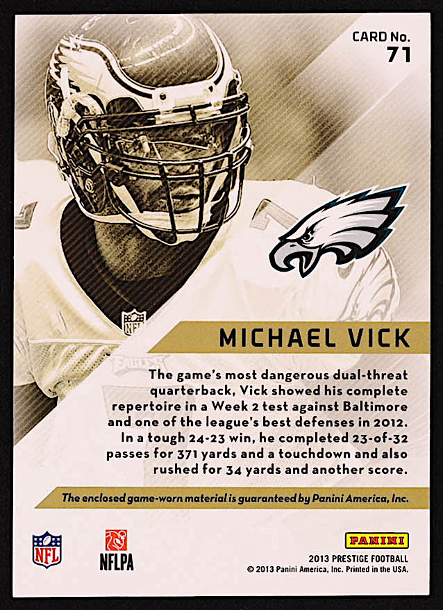 Michael Vick 2013 Prestige Gamers Materials #71 at PristineAuction.com Michael Vick 2013 Prestige Gamers Materials #71 at PristineAuction.com