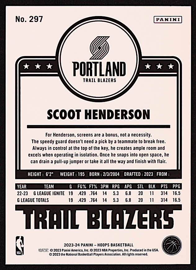 Scoot Henderson 2023-24 Hoops #297 RC at PristineAuction.com Scoot Henderson 2023-24 Hoops #297 RC at PristineAuction.com