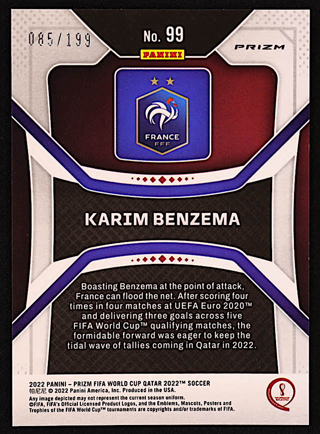 Karim Benzema 2022 Panini Prizm World Cup Prizms Blue Wave #99 #85/199 at PristineAuction.com Karim Benzema 2022 Panini Prizm World Cup Prizms Blue Wave #99 #85/199 at PristineAuction.com