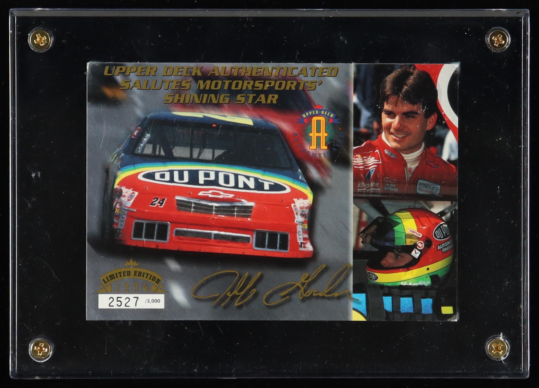 Jeff Gordon LE 1995 Upper Deck Salutes Motorsports Shining Star Card With Display Case at PristineAuction.com Jeff Gordon LE 1995 Upper Deck Salutes Motorsports Shining Star Card With Display Case at PristineAuction.com