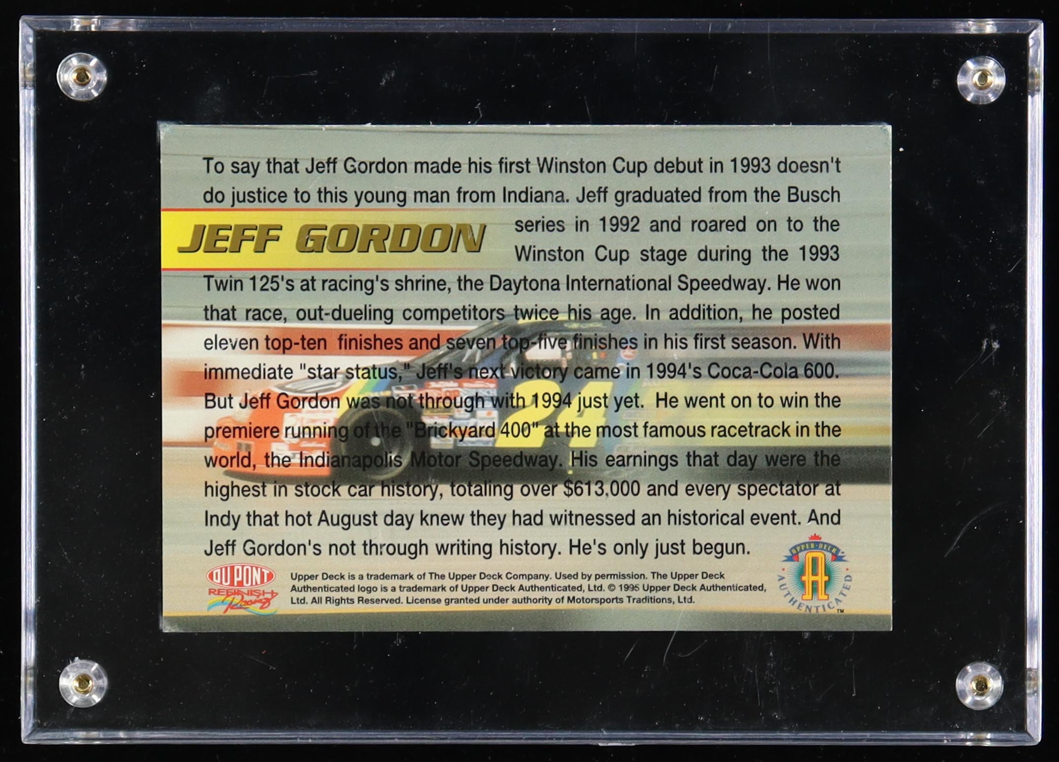 Jeff Gordon LE 1995 Upper Deck Salutes Motorsports Shining Star Card With Display Case at PristineAuction.com Jeff Gordon LE 1995 Upper Deck Salutes Motorsports Shining Star Card With Display Case at PristineAuction.com