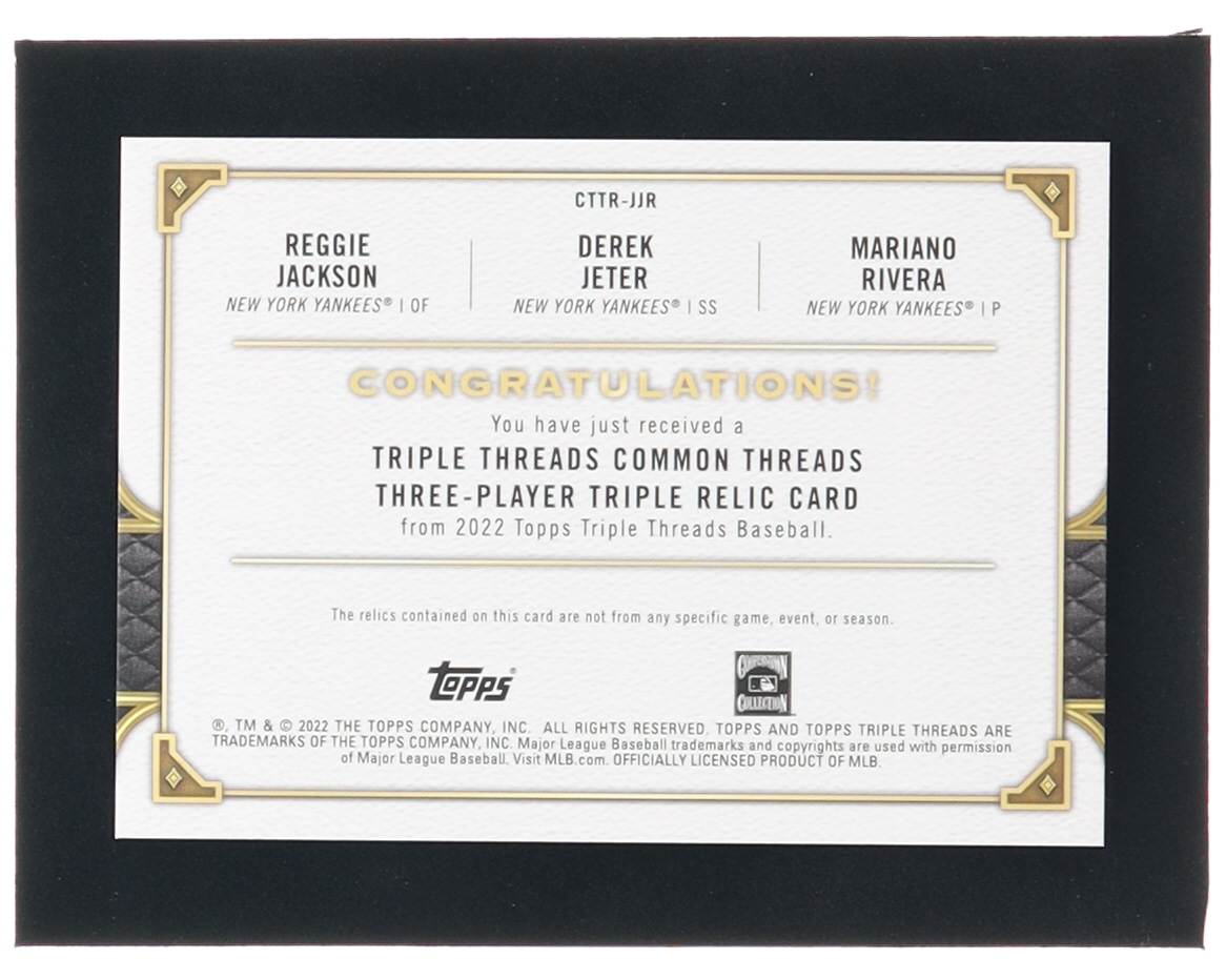 Derek Jeter / Mariano Rivera / Reggie Jackson 2022 Topps Triple Threads Common Threads Relics #CTTRJJR #3/9 at PristineAuction.com Derek Jeter / Mariano Rivera / Reggie Jackson 2022 Topps Triple Threads Common Threads Relics #CTTRJJR #3/9 at PristineAuction.com