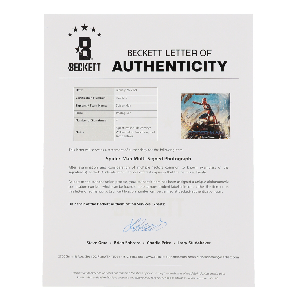 "SpiderMan No Way Home" 16x20 Photo CastSigned by (4) with Zendaya