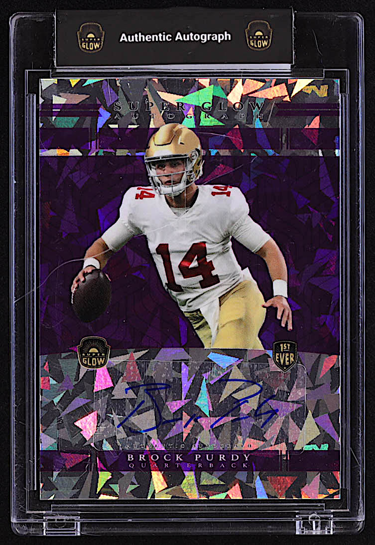 Brock Purdy 2022 Super Glow Autograph 1st Ever Purple Cracked Ice #NNO #1/1 RC at PristineAuction.com Brock Purdy 2022 Super Glow Autograph 1st Ever Purple Cracked Ice #NNO #1/1 RC at PristineAuction.com