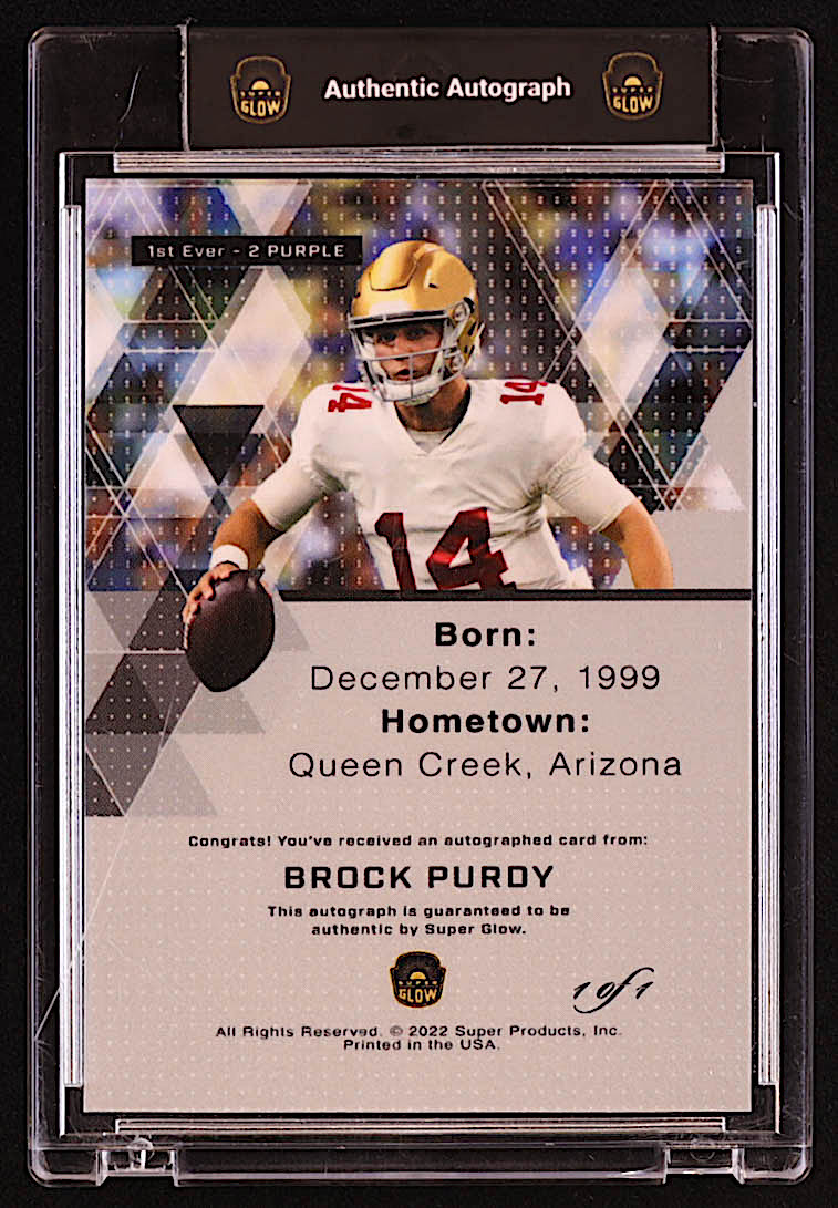 Brock Purdy 2022 Super Glow Autograph 1st Ever Purple Cracked Ice #NNO #1/1 RC at PristineAuction.com Brock Purdy 2022 Super Glow Autograph 1st Ever Purple Cracked Ice #NNO #1/1 RC at PristineAuction.com